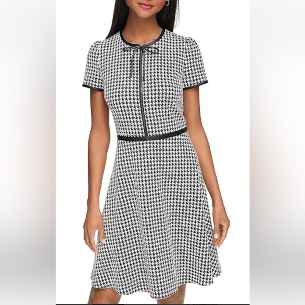 Karl Lagerfeld Monochrome Houndstooth With Faux Leather Trim Dress Sz 8 K-1